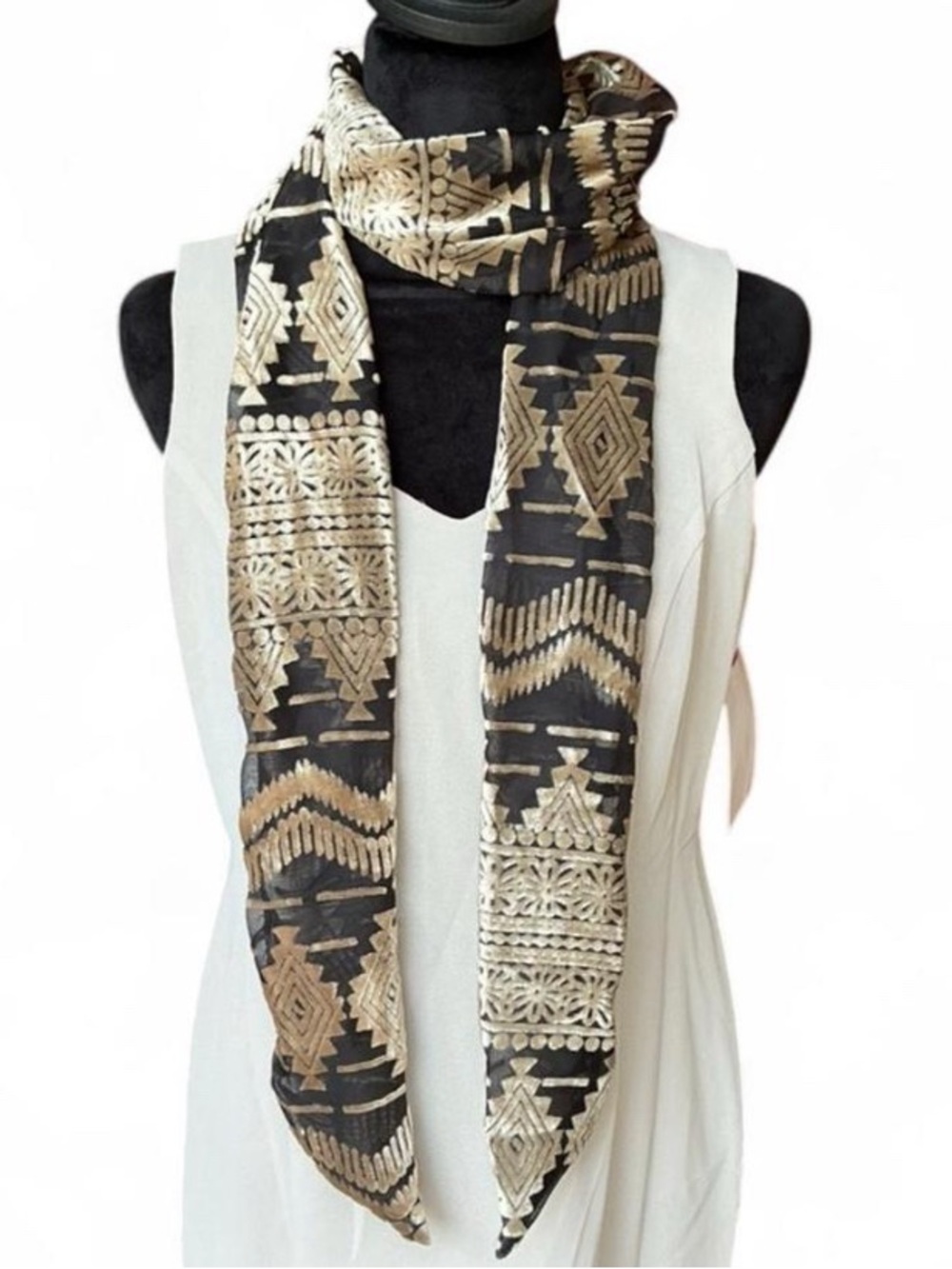 Global Art Deco Boho Black and Beige Geometric Print Free People Scarf